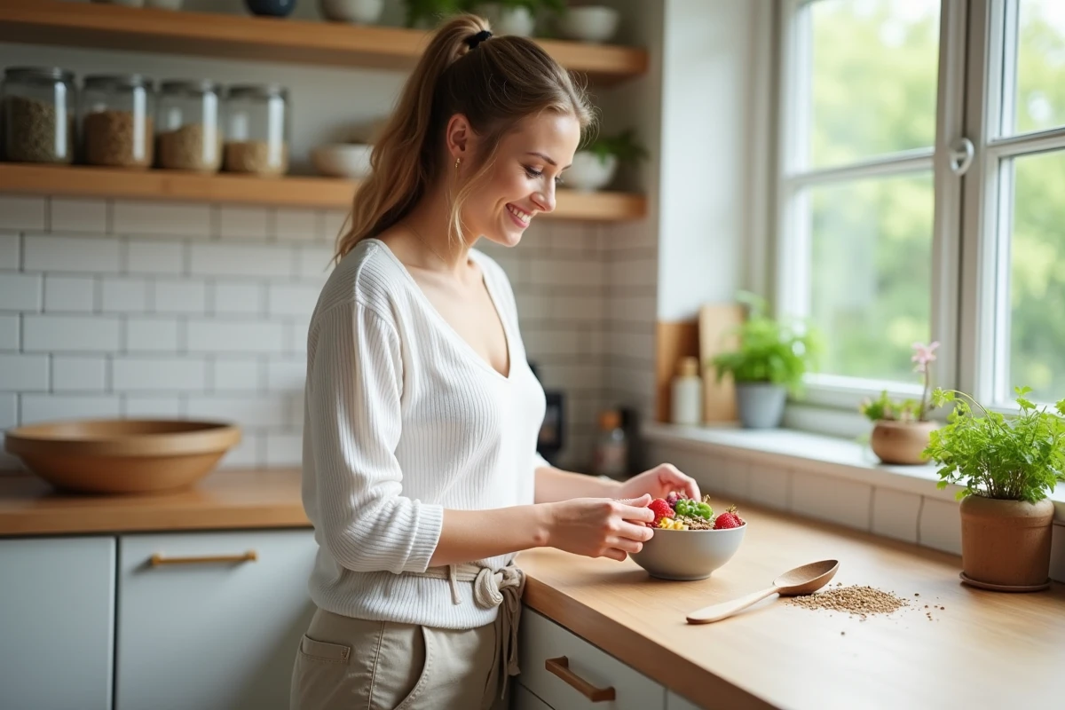 Femme préparant un bol de smoothie coloré aux fruits frais dans une cuisine moderne lumineuse
