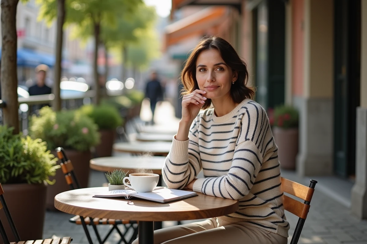 Femme sereine en terrasse de café avec un carnet de planification et une tasse de café dans un cadre urbain simple et inspirant
