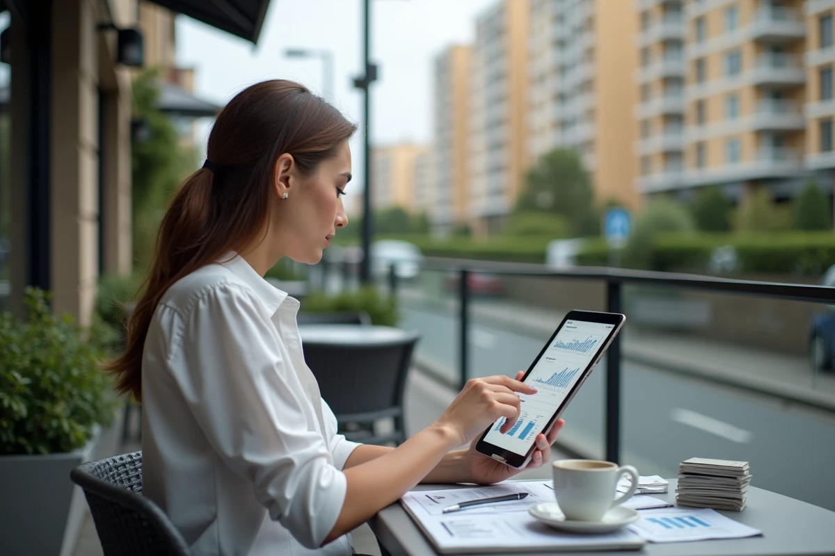 Femme examine graphiques sur tablette en terrasse urbaine