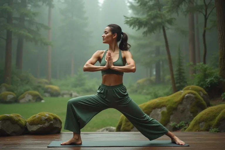 Femme pratiquant le yoga en plein air sur une terrasse en bois entourée de forêt verte et de brume matinale