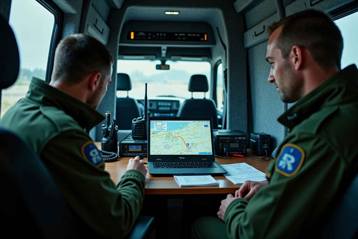 Gendarmes français analysant la localisation GPS d'un véhicule en temps réel dans un fourgon de surveillance