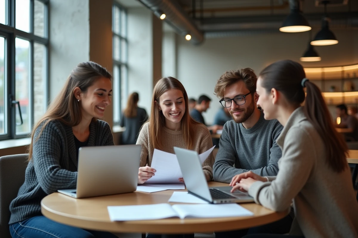 Groupe d'étudiants en médecine discutant ensemble de leurs options de réorientation professionnelle dans un espace de travail moderne