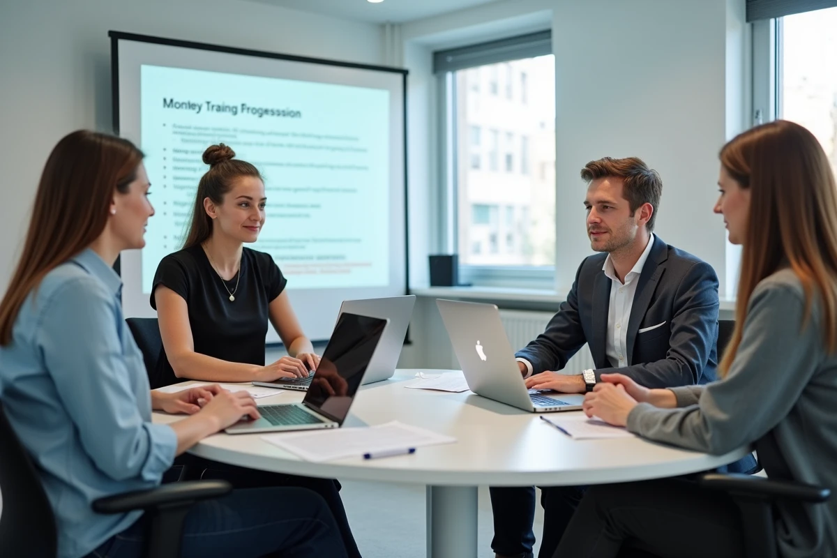 Groupe de professionnels en reconversion participant à une session de formation éligible au CSP dans une salle de cours moderne