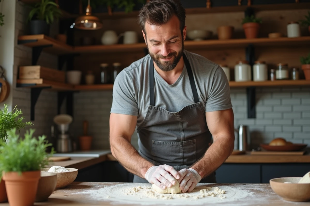 Homme pétrir du pain dans une cuisine rustique avec des herbes fraîches et des étagères en bois dans une ambiance quotidienne épanouissante