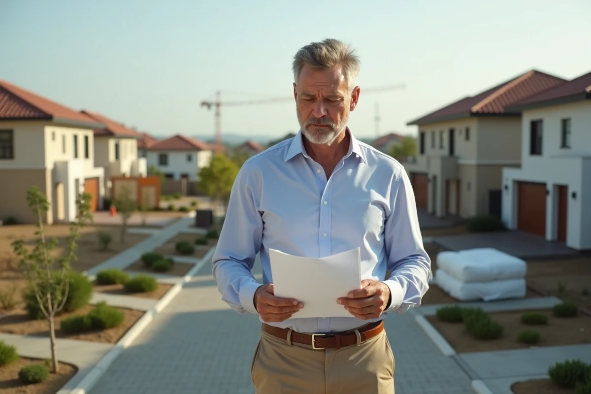 Homme regardant des documents sur un site résidentiel