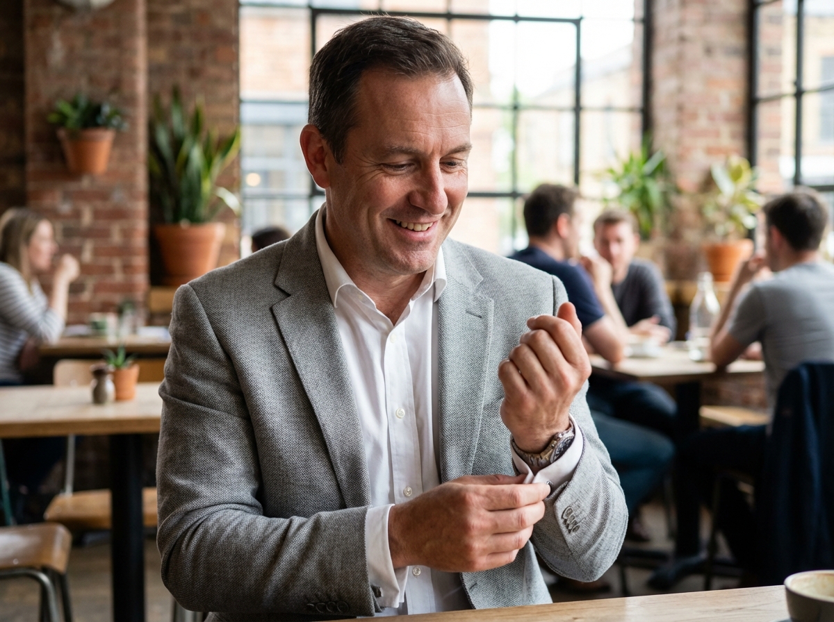 Homme en blazer ajusté ajustant une manchette au café