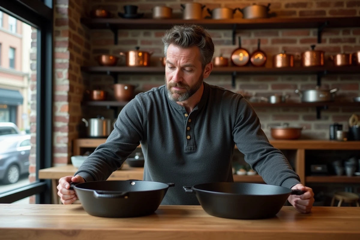 Homme comparant deux poêles en fonte dans une boutique spécialisée en ustensiles de cuisine