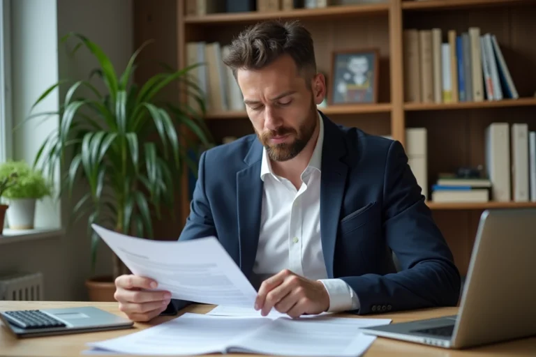 Homme d affaires étudie documents de location et guide fiscal