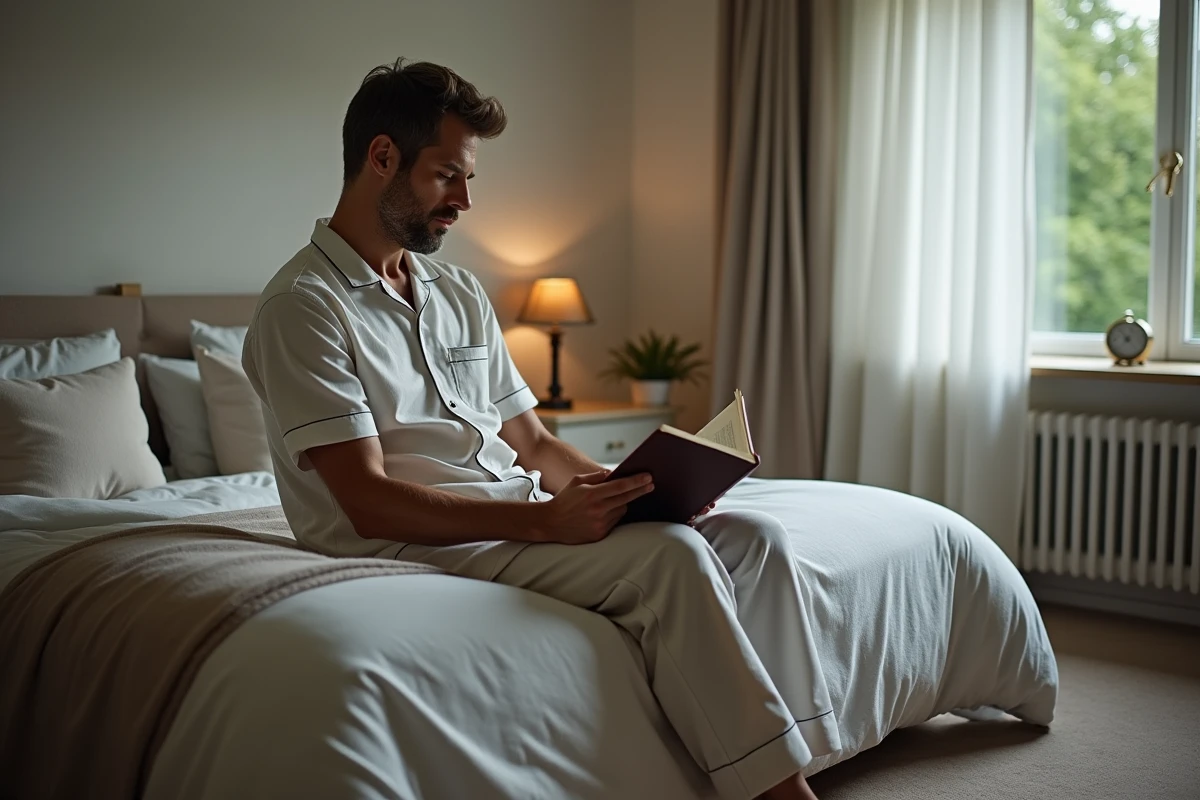 Homme lisant dans une chambre calme en soirée