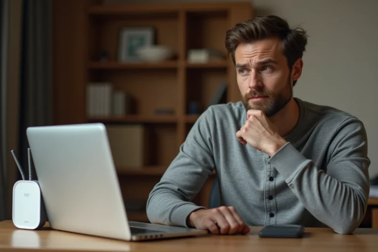 Homme concentré devant un ordinateur portable avec une Freebox sur le bureau, tentant de récupérer un mot de passe oublié