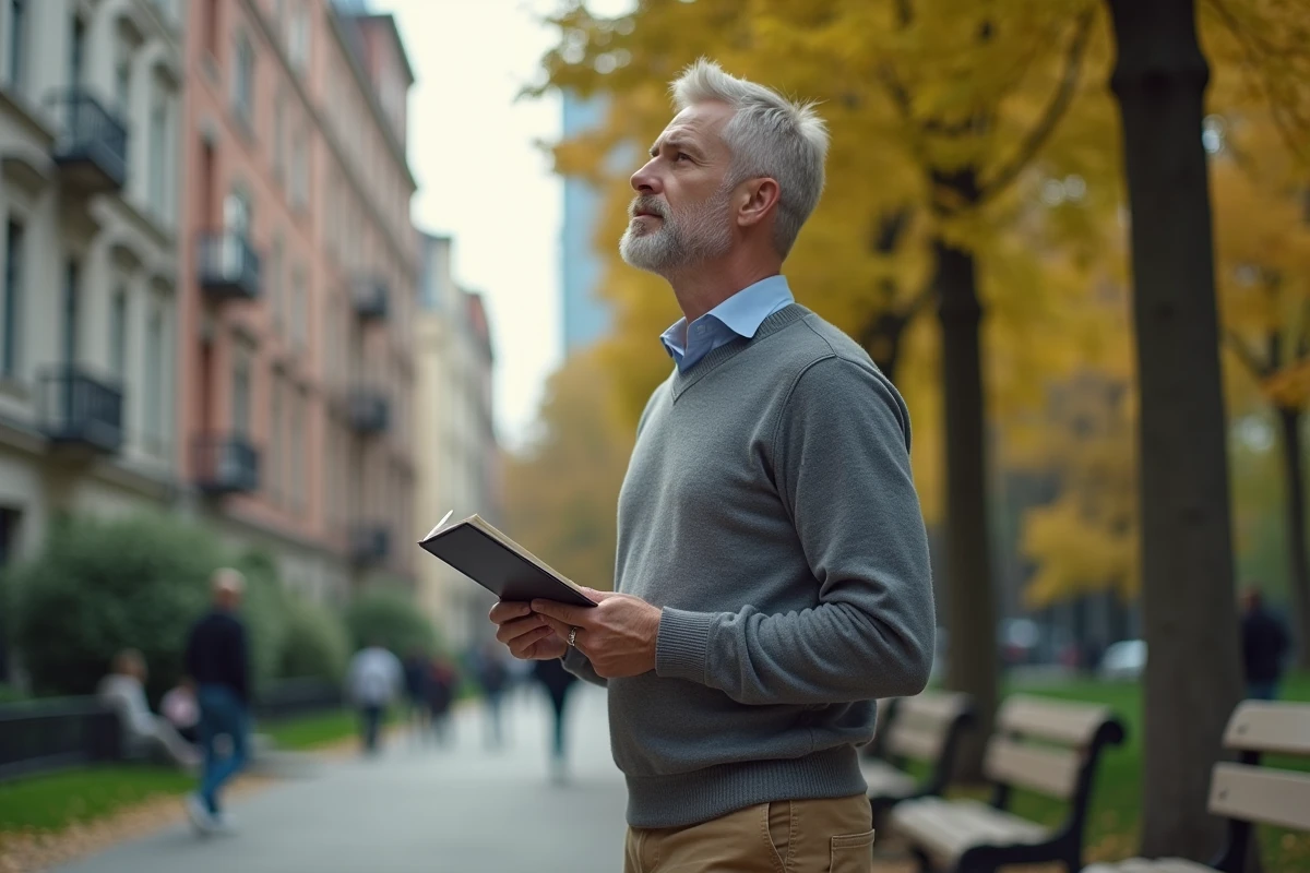 Homme méditant dans un parc urbain