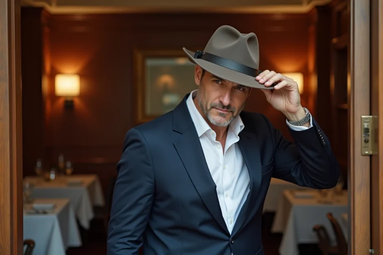 Homme élégant retirant son chapeau fedora en entrant dans un restaurant chic, geste de politesse et de savoir-vivre