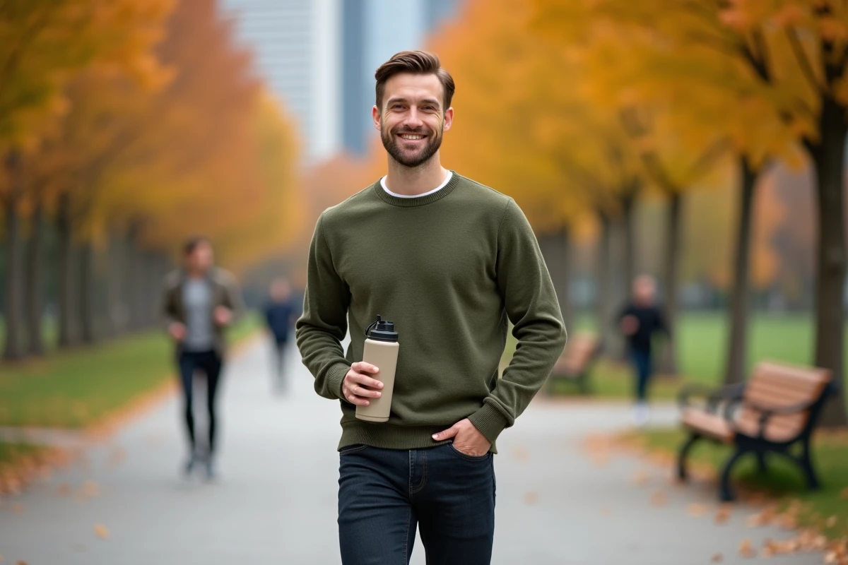 Homme en bonne santé et silhouette équilibrée dans un parc en automne illustrant le poids idéal pour 1m70