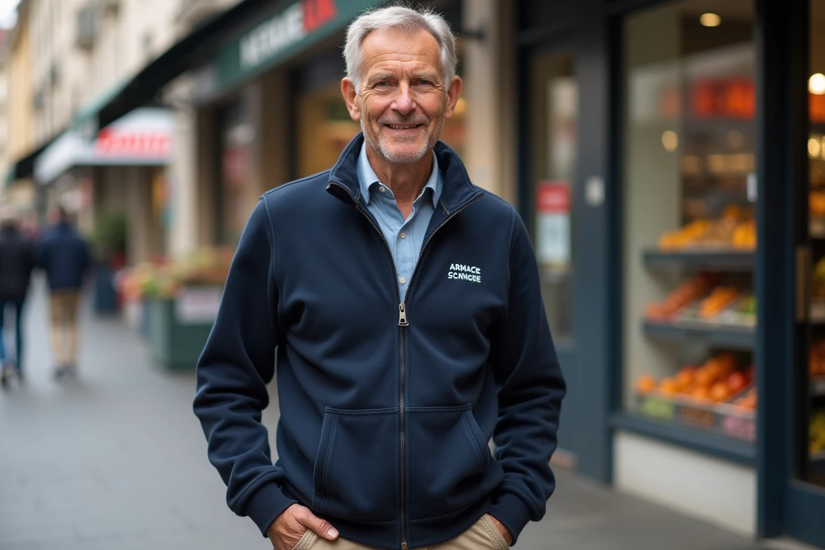 Homme portant un sweat-shirt zippé Armor Lux marine devant l'entrée d'un supermarché Intermarché, témoignage client