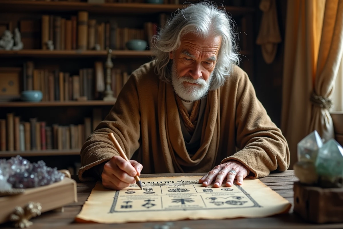 Homme ancien traçant symboles lemuriens sur parchemin