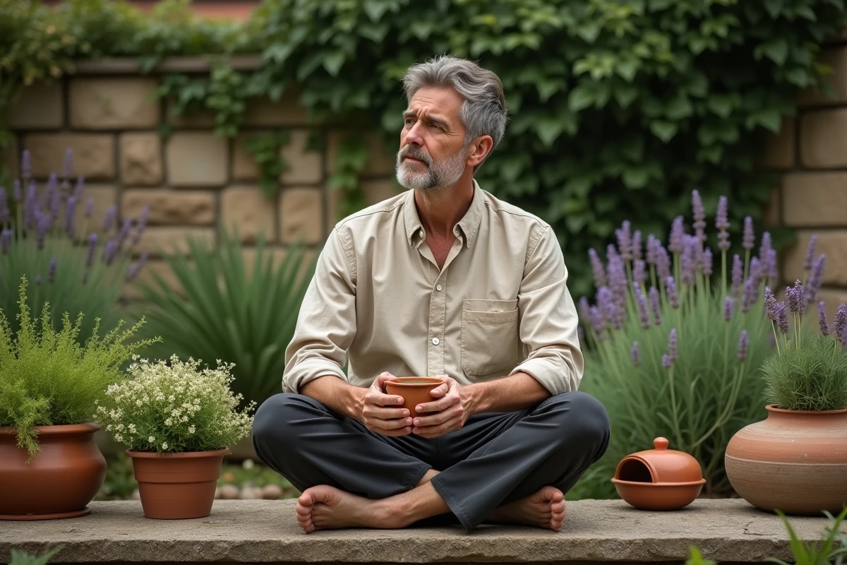 Homme attablé dans un jardin botanique tenant une tasse de tisane, entouré de plantes médicinales et de lavande