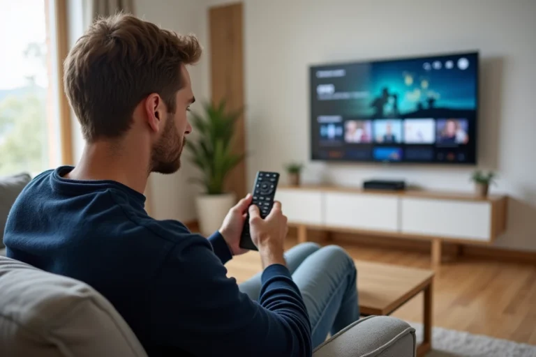 Homme installant une application IPTV sur sa télévision Philips dans un salon moderne