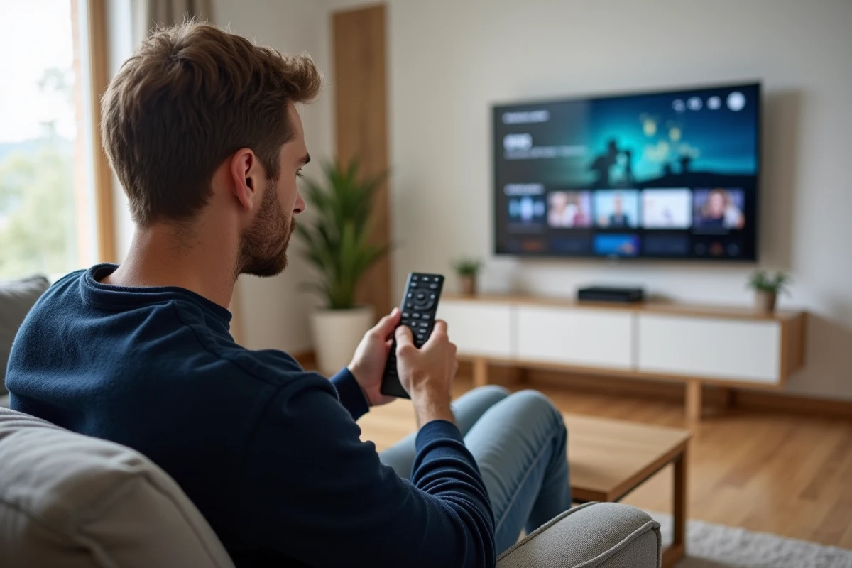 Homme installant une application IPTV sur sa télévision Philips dans un salon moderne