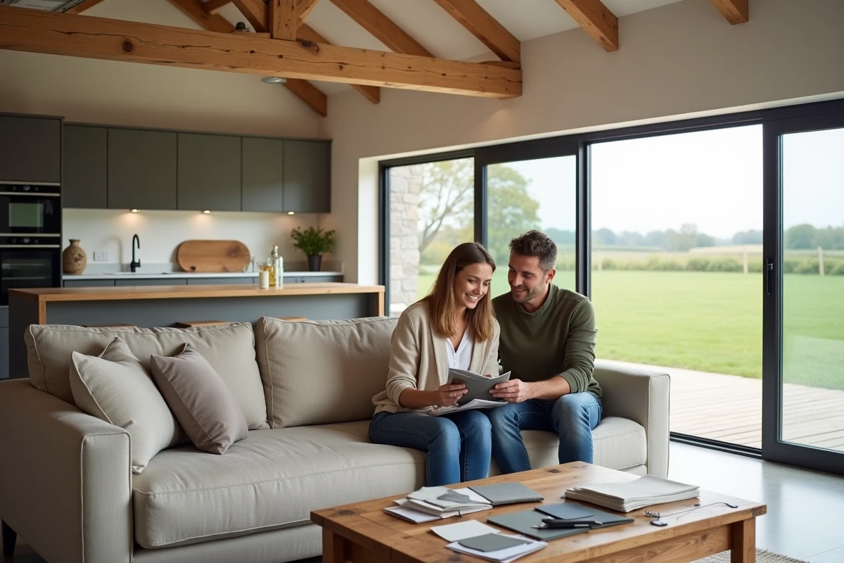 Intérieur converti d'une grange en maison avec poutres apparentes, sol béton poli et grande fenêtre sur la campagne