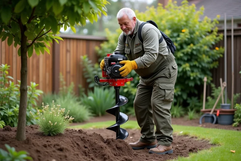 Homme d'âge moyen utilisant une foreuse à gaz dans un jardin