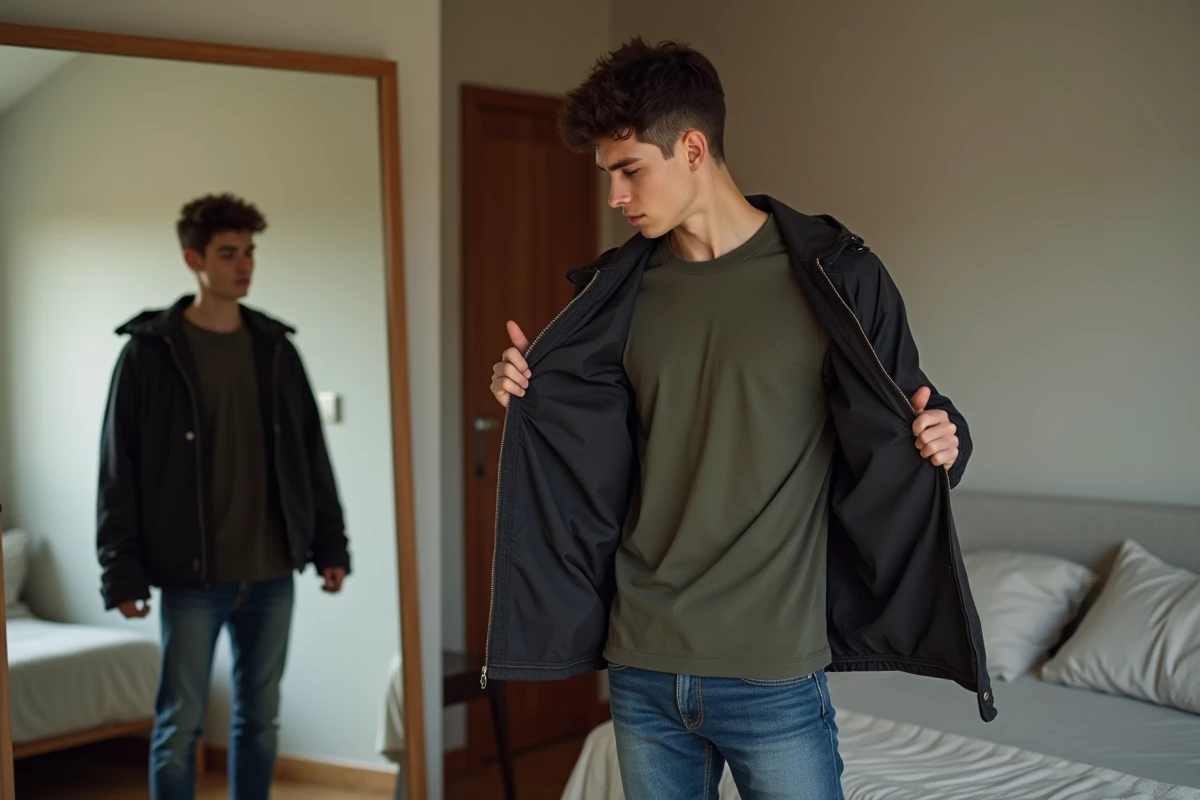 Jeune homme essayant deux vestes dans sa chambre