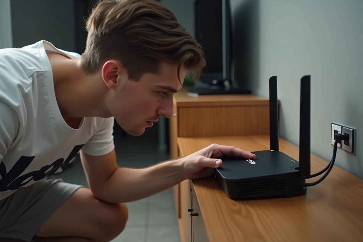 Jeune homme inspectant l'arrière d'une Freebox pour trouver le bouton de réinitialisation du mot de passe