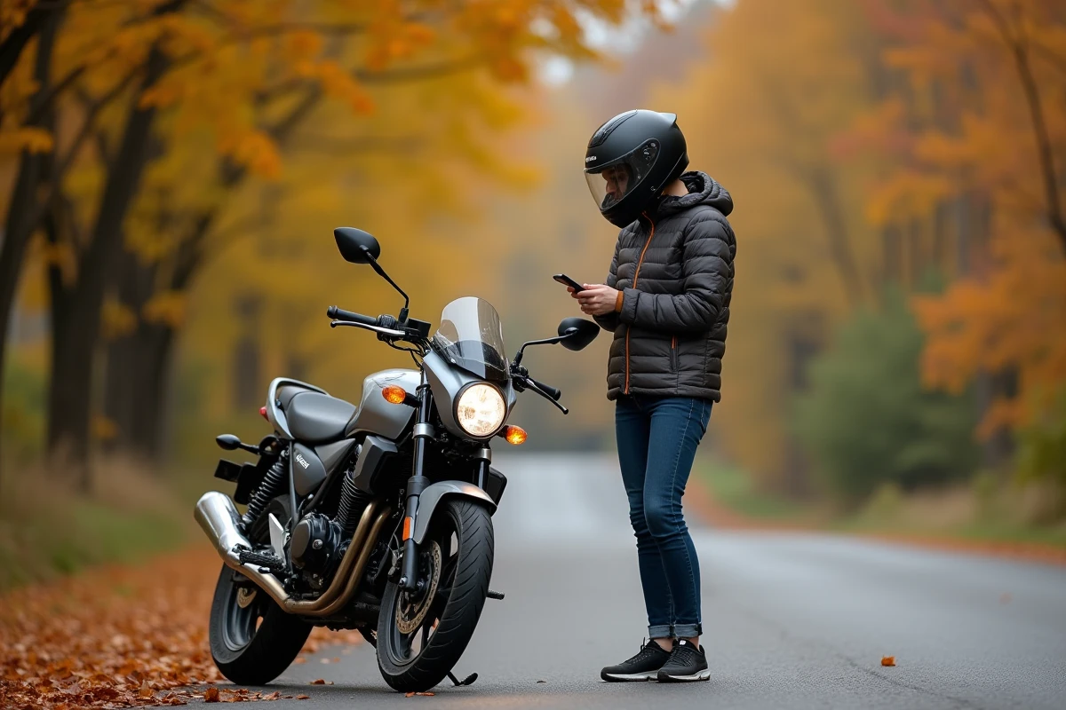 Femme à côté d'une Kawasaki Z650 d'occasion sur une route de campagne en automne