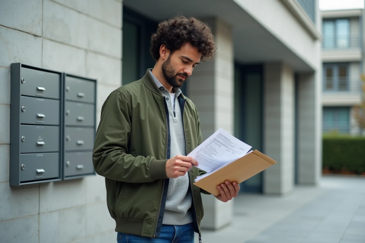 Jeune locataire devant une résidence de logement social avec des documents de caution à la main