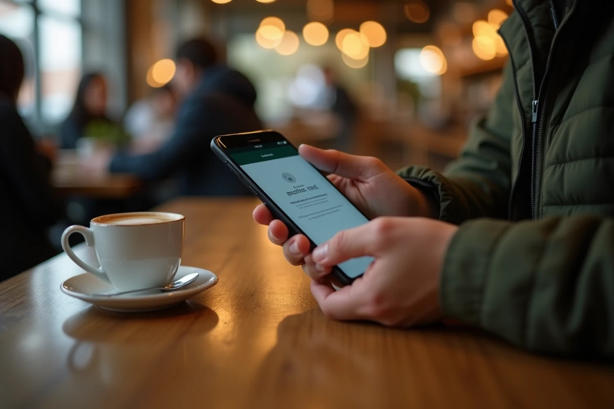 Hands holding a smartphone displaying a Snapchat account restriction in a café