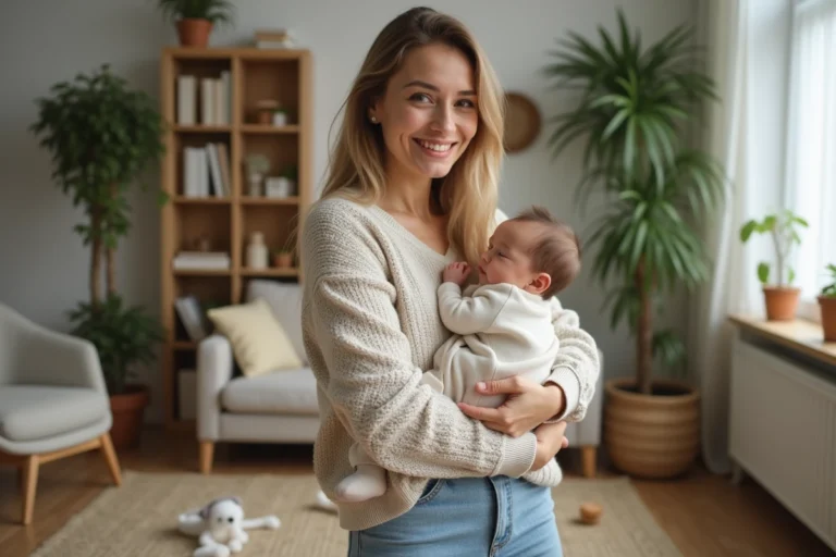 Maman souriante avec son bébé dans un salon chaleureux