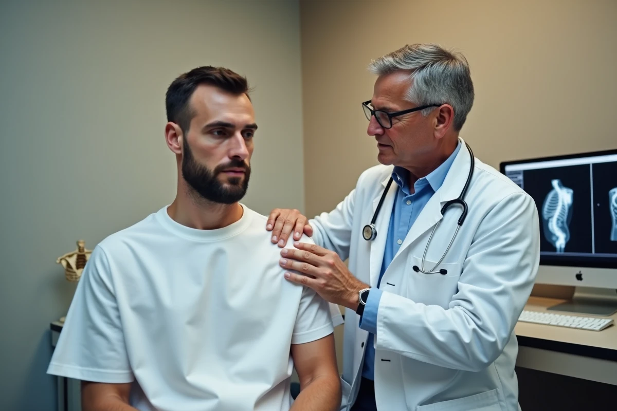 Sports doctor examining a patient's shoulder to diagnose a supraspinatus tendon tear in a medical office