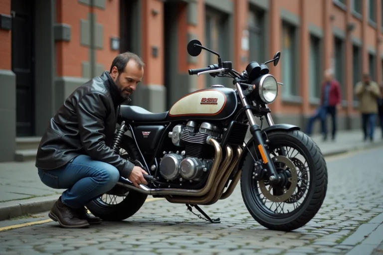 Homme inspectant une moto Honda CB500 d'occasion dans une rue pavée urbaine