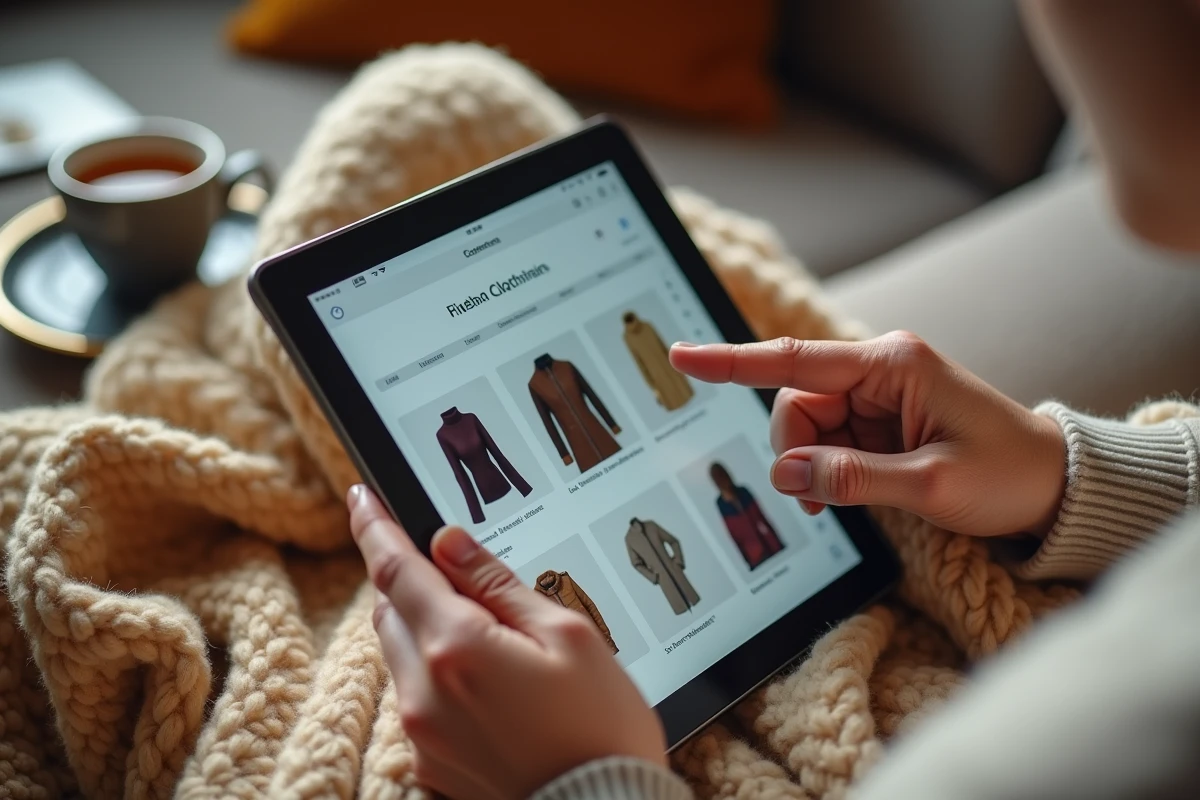 Gros plan sur des mains parcourant le catalogue Damart sur une tablette posée sur un canapé