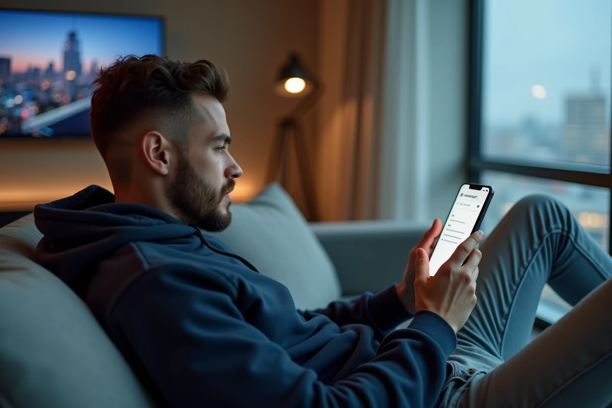 Homme consultant la nouvelle adresse d'un site de streaming sur son smartphone dans un salon moderne