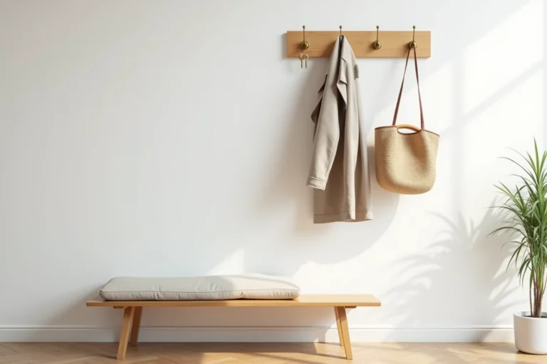 Patère murale en bois style scandinave avec manteau beige et sac en osier dans une entrée moderne