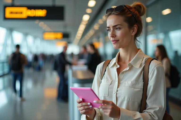 Femme tenant un permis de conduire rose français au comptoir de location de voiture dans un aéroport européen