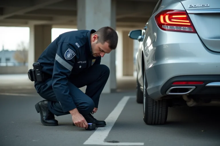 Policier français posant un traceur GPS sous le pare-chocs d'un véhicule dans un parking urbain