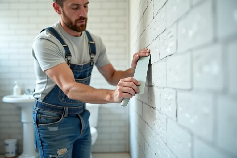 Homme posant une toile de verre sur du carrelage mural dans une salle de bain avec une spatule et de la colle à enduire