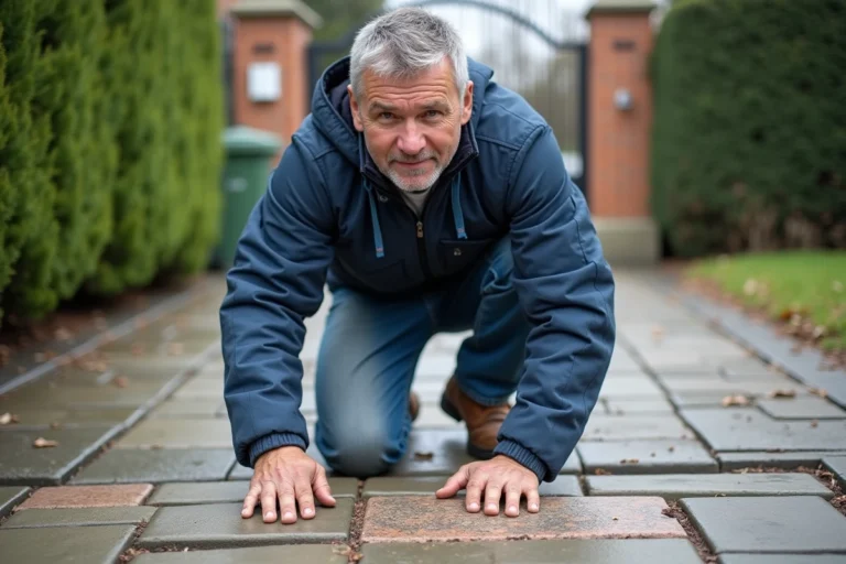 Homme posant des pavés devant une grille d'entrée