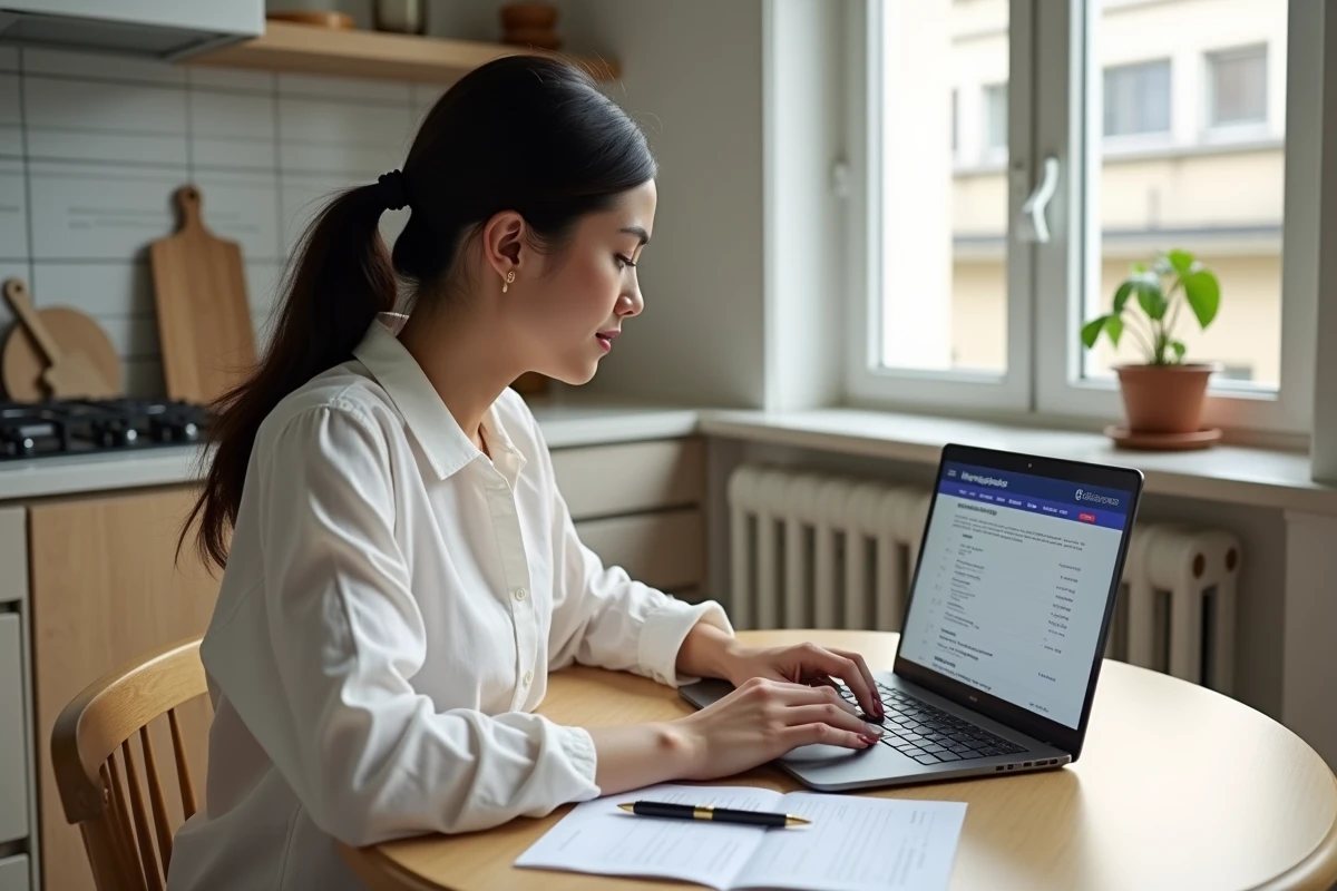 Femme préparant les documents nécessaires pour réserver une date de mariage à la mairie depuis chez elle