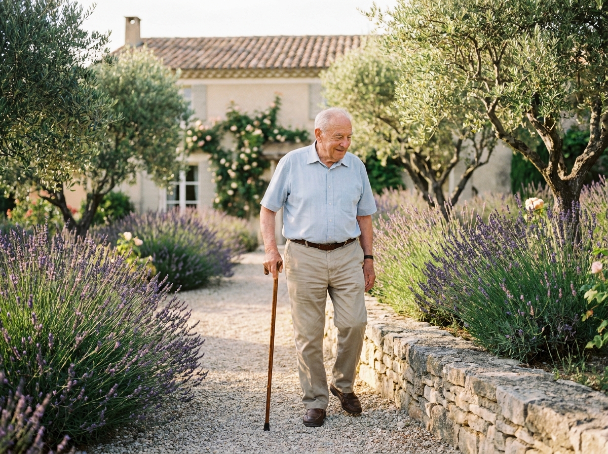 Retraité se promenant dans le jardin méditerranéen d'une maison de retraite à Cagnes-sur-Mer par beau temps