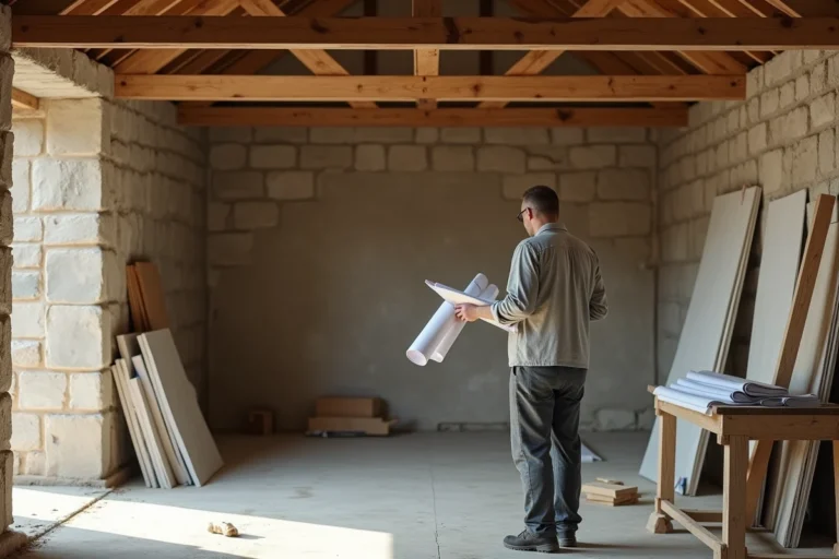 Architecte examinant des plans dans une grange agricole en cours de rénovation avec murs en pierre et charpente moderne
