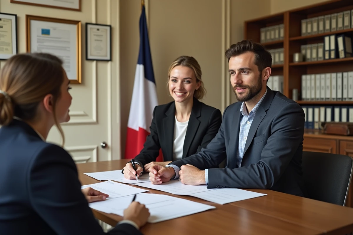 Couple rencontrant une officière d'état civil à la mairie pour réserver la date de leur mariage