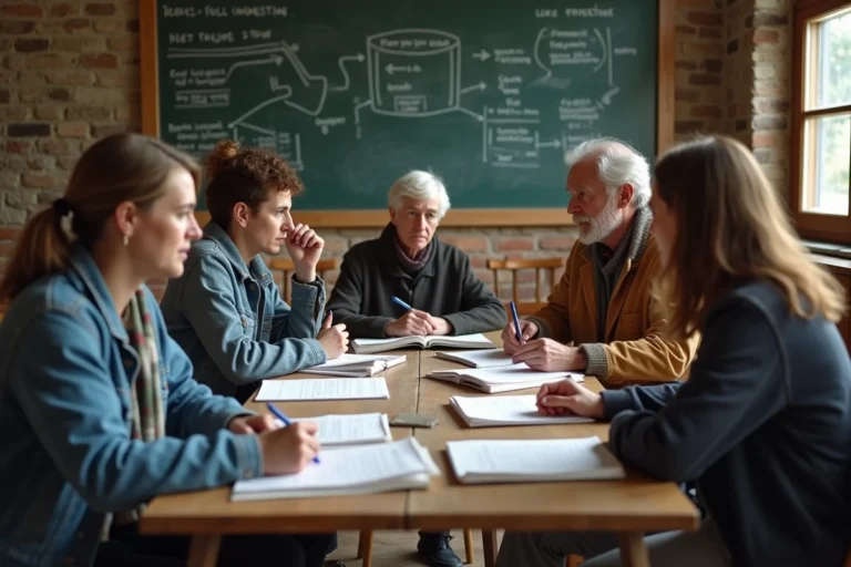 Groupe de militants réunis autour d'une table couverte de pamphlets et de livres annotés, discutant de théorie politique radicale dans une salle communautaire