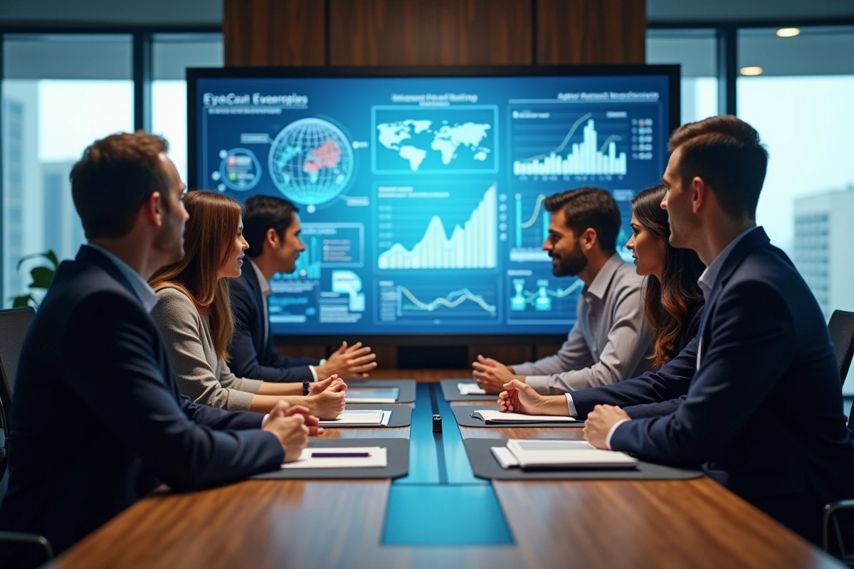 Groupe de professionnels discutant devant un mur digital interactif