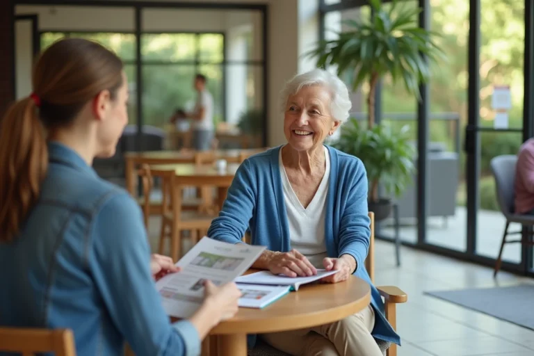 Femme senior souriante discutant avec une jeune femme dans un lobby lumineux