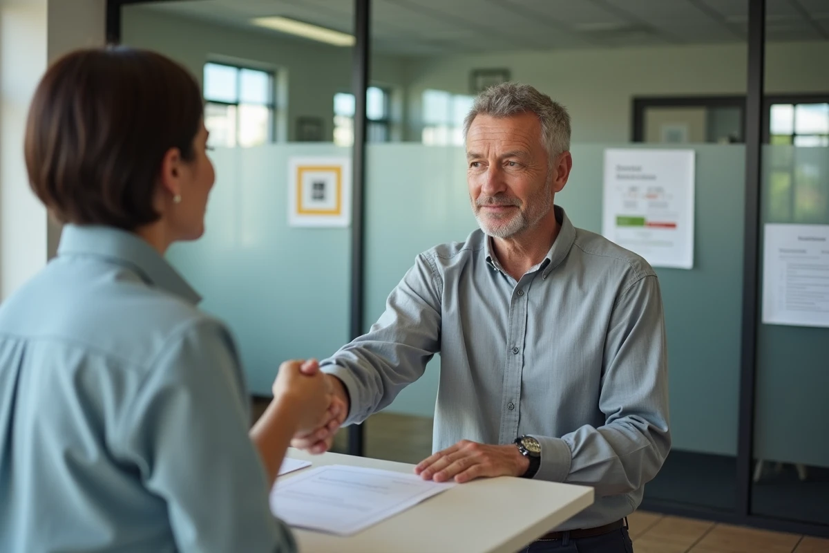 Locataire signant un contrat de bail en agence de logement social avec remise de la caution