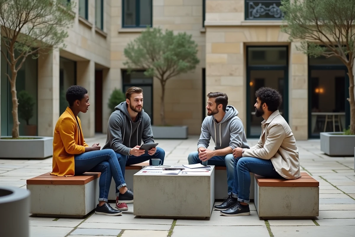 Groupe de jeunes entrepreneurs en session de brainstorming en plein air dans la cour de Station F, campus de startups à Paris, avec façade historique rénovée