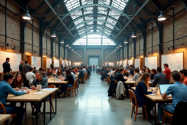 Vue panoramique de l'immense espace de coworking de Station F à Paris avec des centaines d'entrepreneurs travaillant sous la charpente métallique d'une ancienne halle ferroviaire rénovée