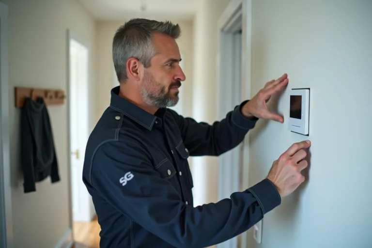 Technicien en sécurité inspectant un panneau d'alarme Verisure dans un couloir de maison moderne pour vérifier sa résistance au brouillage